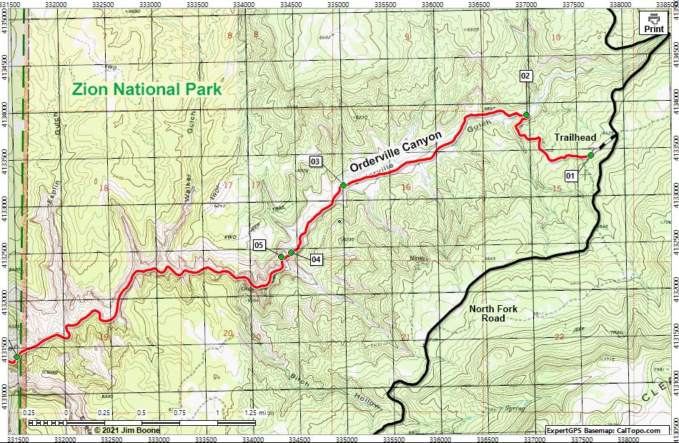 Orderville Canyon Route Map