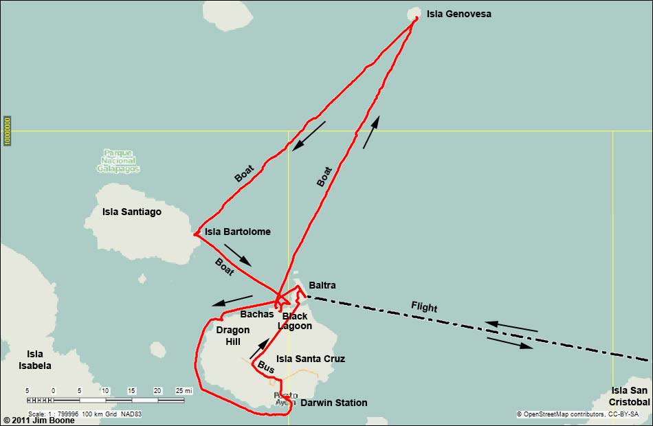 Map of Trip to Ecuador -- Galapagos Islands, Nov. 2011